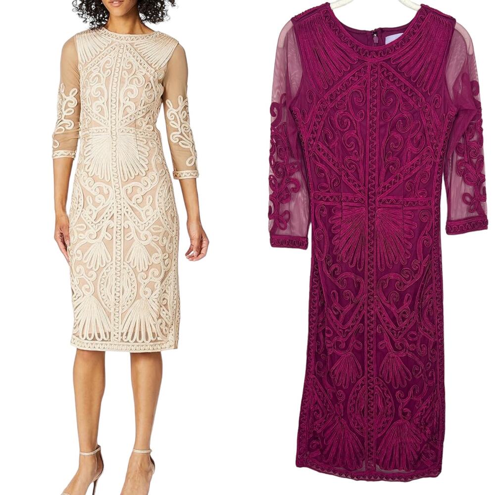 JS Collections Soutache Embroidered Midi Dress Fuchsia sz 2 Cocktail Wedding